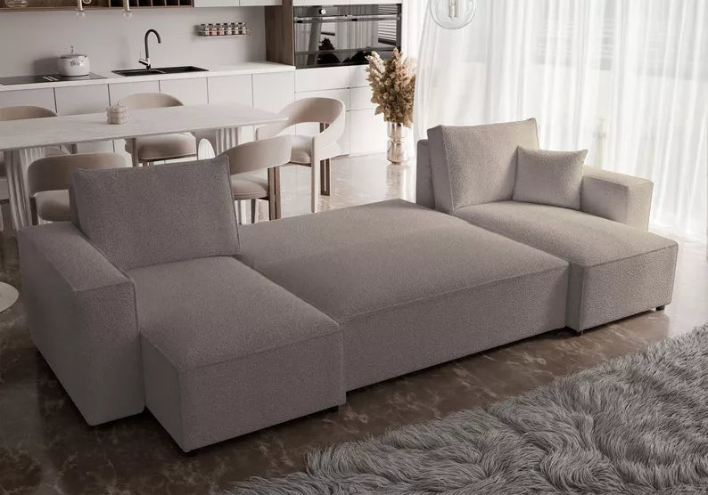 CARLO U-veida stūra dīvāns ar gulēšanas funkciju, ar konteineri, universāls, gaiši brūns bukle - N1 Home