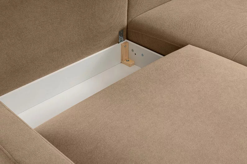 DASSINO L-formas stūra dīvāns ar gulēšanas funkciju ar glabātuvi, smilškrāsas hidrofobs šenils, kreisa/laba puse - N1 Home