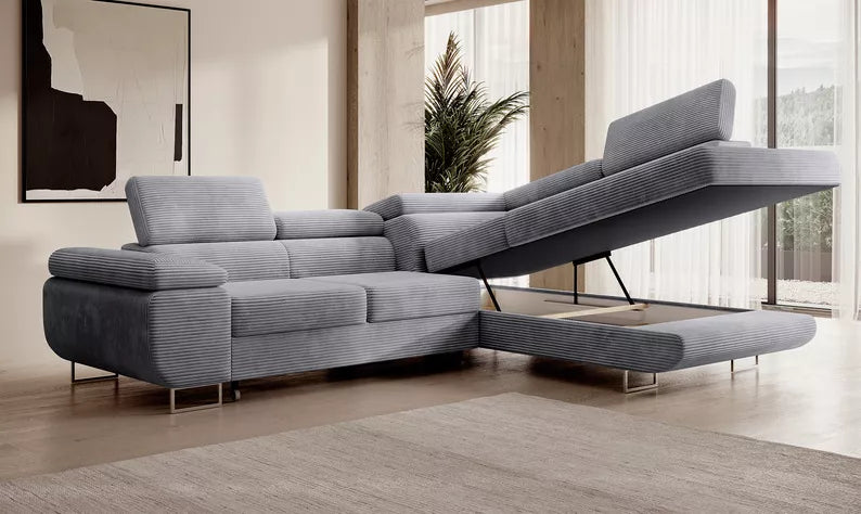 VILSTEV L-formas stūra dīvāns ar gulēšanas funkciju, ar konteineru, gaiši pelēks velvets, kreisa/laba puse - N1 Home