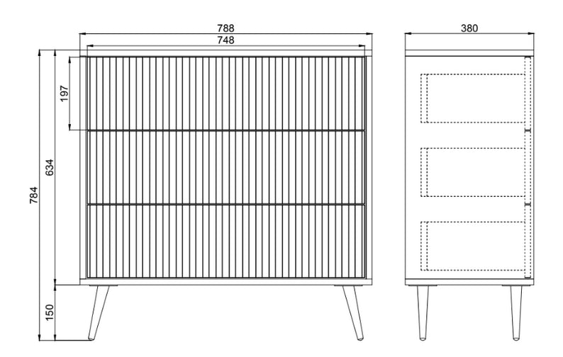 FELO Kumode ar trim atvilktnēm, 79 cm, balta ar zelta kājiņām - N1 Home