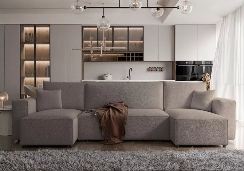 CARLO U-veida stūra dīvāns ar gulēšanas funkciju, ar konteineri, universāls, gaiši brūns bukle - N1 Home