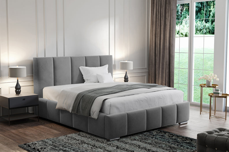 DOBERA Mīkstā gulta 140/160/180x200 cm ar glabātuvi, pelēka, hidrofobā audumā - N1 Home