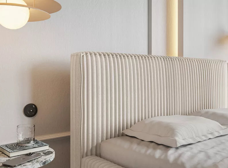 LIOTI Mīkstā gulta 140/160/180x200 cm  ar glabātuvi, metāla rāmis, krēmkrāsas biezs velvets - N1 Home