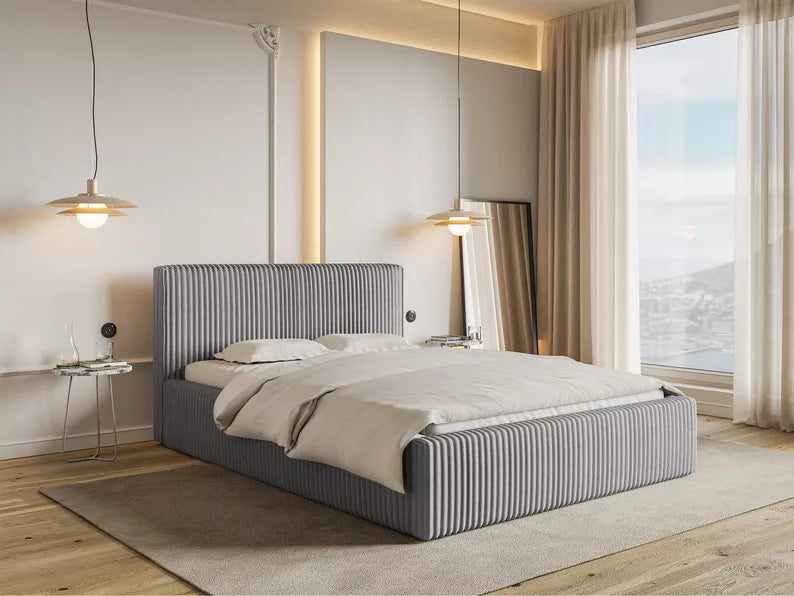 LIOTI Mīkstā gulta 140/160/180x200 cm  ar glabātuvi, metāla rāmis, gaiši pelēks biezs velvets - N1 Home