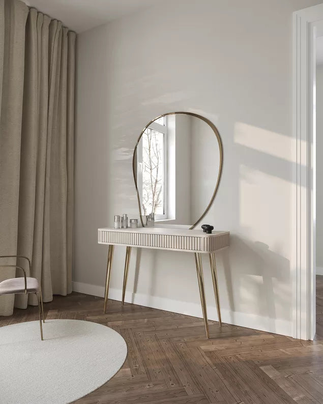 LOVORE Tualetes galdiņš ar rievām un divām atvilktnēm, 113 cm, pelēki bēšs ar zelta kājām - N1 Home