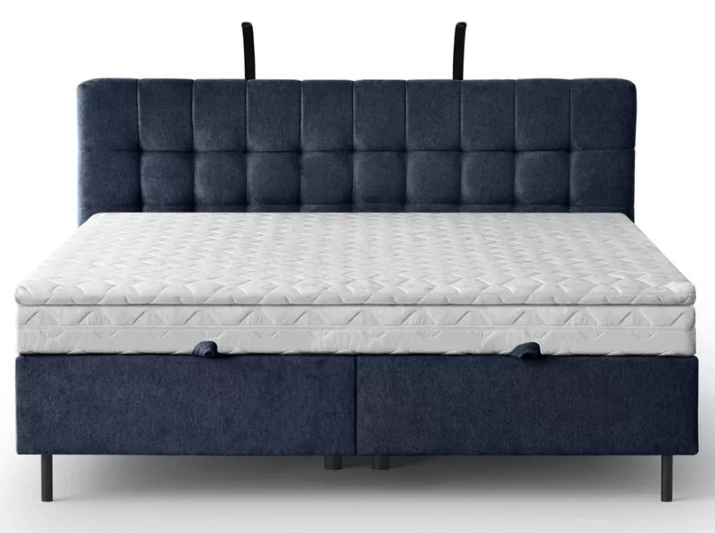 NUNA Kontinentālā gulta 140/160/180x200 cm ar matraci, glabātuvi un LED apgaismojumu, tumši zils samts - N1 Home
