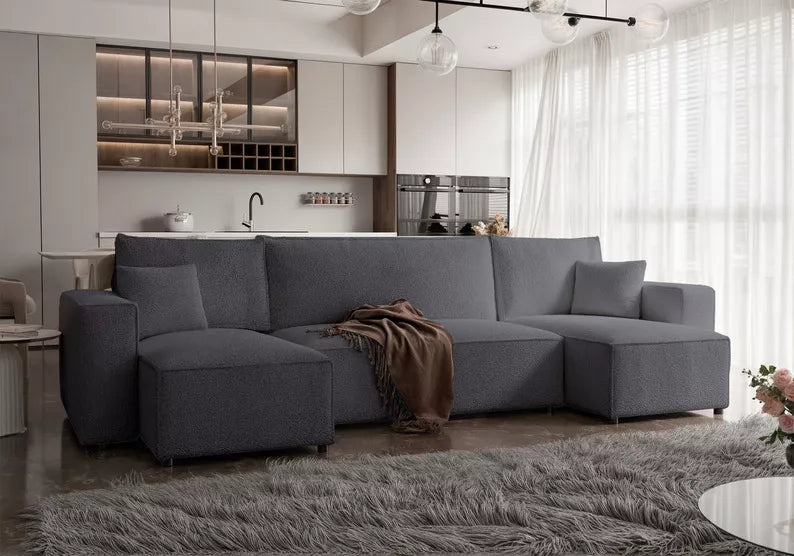 CARLO U-veida stūra dīvāns ar gulēšanas funkciju, ar konteineri, universāls, tumši pelēks bukle - N1 Home