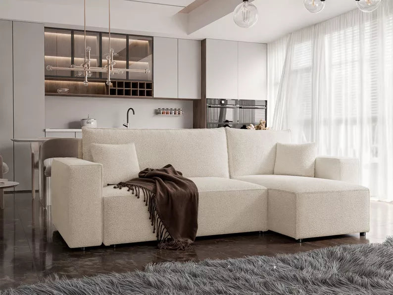 CARLO L-veida stūra dīvāns ar gulēšanas funkciju, ar konteineri, universāls, krēmkrāsas bukle - N1 Home
