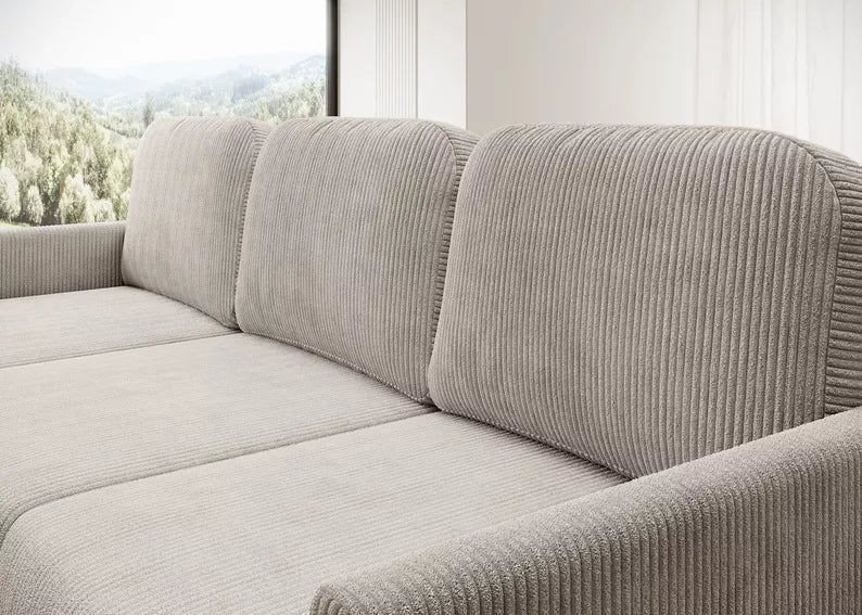 NOMIEL L-formas izvelkamais stūra dīvāns ar konteineru, universāls gaiši smilškrāsas velvets - N1 Home