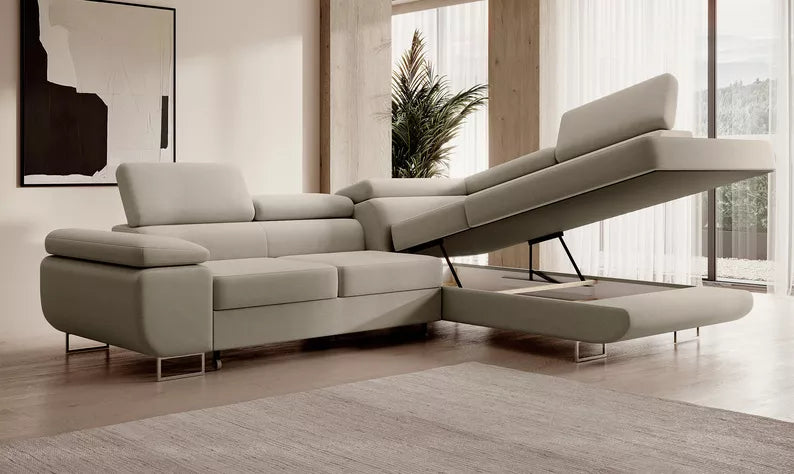 VILSTEV L-formas stūra dīvāns ar gulēšanas funkciju, ar konteineru, pelēks viegli tīrāms samts, kreisa/laba puse - N1 Home