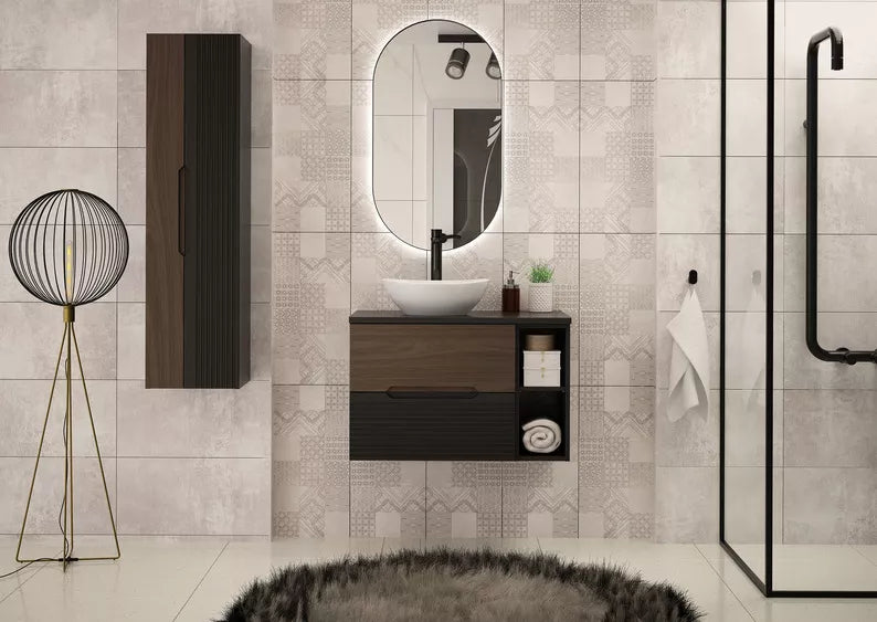 VELAV Vannas istabas skapis ar darba virsmu un plauktiem, 80 cm, rievota priekšpuse, matēts melns / riekstkoks - N1 Home