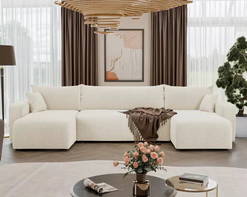 NONIPIA U-formas stūra dīvāns ar gulēšanas funkciju, ar konteineri, universāls, krēmkrāsas bukle - N1 Home