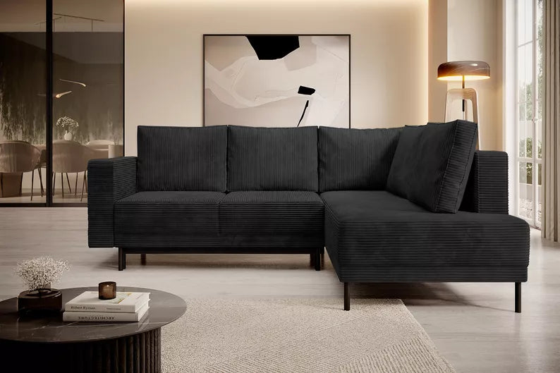 RIO Stūra dīvāns ar gulēšanas funkciju, ar konteineru, melns velvets, kreisa/laba puse - N1 Home