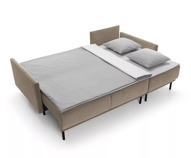 NOMIEL L-formas izvelkamais stūra dīvāns ar konteineru, gaiši brūns hidrofoba audums - N1 Home