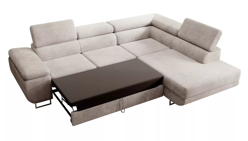 VILSTEV L-formas stūra dīvāns ar gulēšanas funkciju, ar konteineru, pelēks un bēšs velvets laba puse - N1 Home