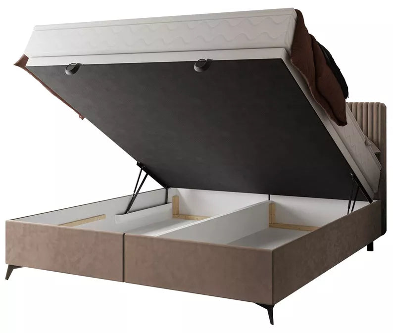 WOFAL Kontinentālā gulta 140/160/180x200 cm ar matraci un glabātuvi, gaiši brūns, biezs velvets - N1 Home