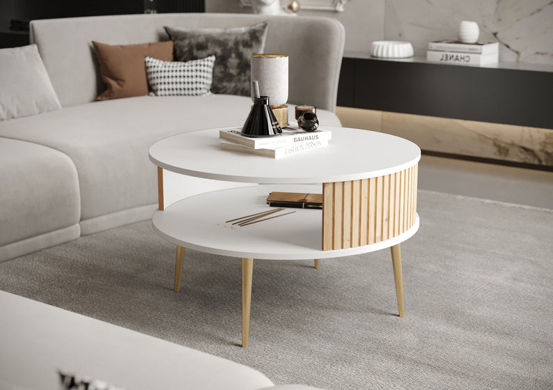 DIVIANO Apaļš kafijas galdiņš 76 cm, balts/artisan ozols ar zelta lameļu kājām - N1 Home