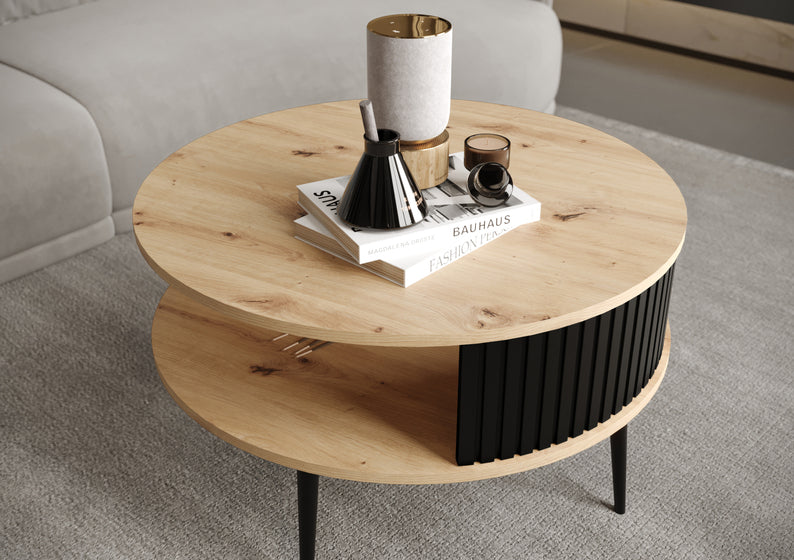 DIVIANO Apaļš kafijas galdiņš 76 cm, artisan ozols ar rievotu melnu sānu malu - N1 Home