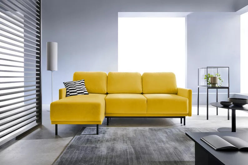 NOMIEL L-formas izvelkamais stūra dīvāns ar konteineru, universāls, ūdeni atgrūdošs medus samts - N1 Home