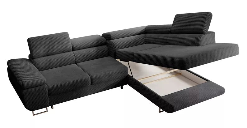 VILSTEV L-formas stūra dīvāns ar gulēšanas funkciju, ar konteineru,  tumši pelēks velvets, kreisa/laba puse - N1 Home