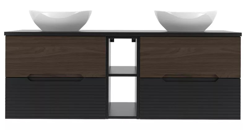 VELAV Vannas istabas komplekts ar galda izlietnēm un plauktiem 140 cm, rievotas fasādes, matēts melns / riekstkoks - N1 Home