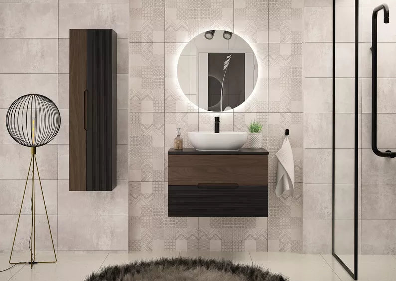 VELAV Vannas istabas skapis ar darba virsmu un izlietni, 80 cm, rievota priekšpuse, matēts melns / riekstkoks - N1 Home