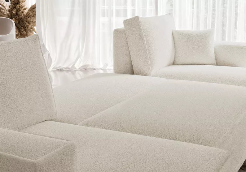 CARLO U-veida stūra dīvāns ar gulēšanas funkciju, ar konteineri, universāls, krēmkrāsas bukle - N1 Home