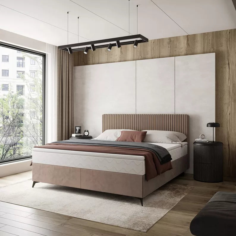 WOFAL Kontinentālā gulta 140/160/180x200 cm ar matraci un glabātuvi, gaiši brūns, biezs velvets - N1 Home