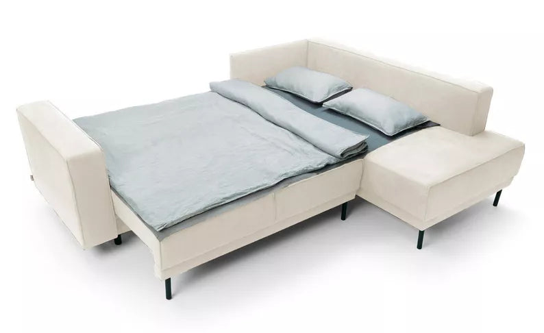 RIO Stūra dīvāns ar gulēšanas funkciju, ar konteineru, gaiši bēšs samts, kreisa/laba puse - N1 Home