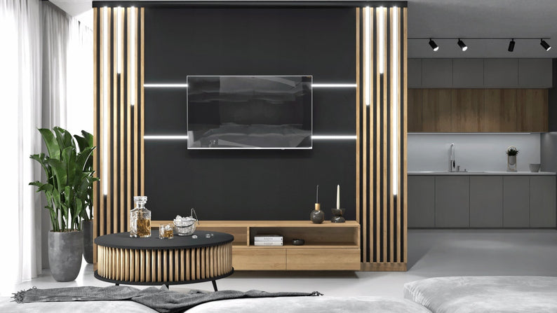 DOLI apaļš kafijas galdiņš ar līstēm 90 cm, melns/wotan ozols - N1 Home