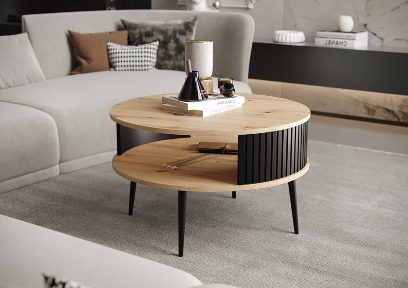 DIVIANO Apaļš kafijas galdiņš 76 cm, artisan ozols ar rievotu melnu sānu malu - N1 Home