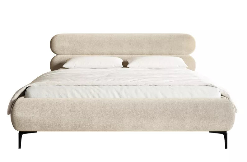 LOURE Mīkstā gulta 140/160/180x200 cm ar glabātuvi, metāla rāmis, gaiši bēšs hidrofobs samts, melnas kājas - N1 Home