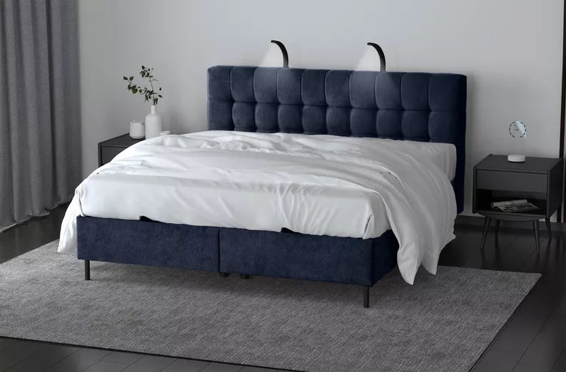 NUNA Kontinentālā gulta 140/160/180x200 cm ar matraci, glabātuvi un LED apgaismojumu, tumši zils samts - N1 Home