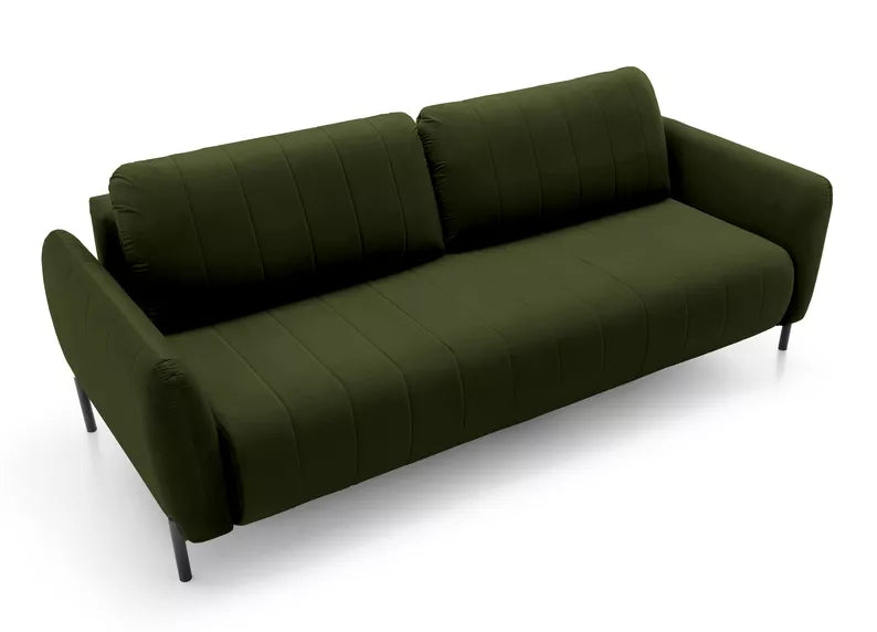 LEVA Olīvzaļš trīsvietīgs dīvāns ar konteineru, no hidrofobiskā velūra auduma, melnām kājām - N1 Home