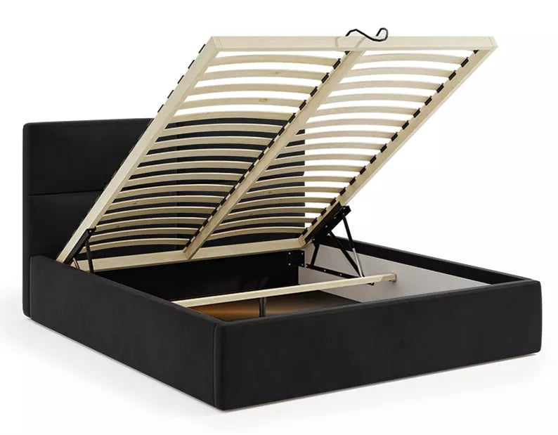 MAHEL Polsterēta gulta 140/160/180x200 cm ar glabātuvi, melns samts - N1 Home