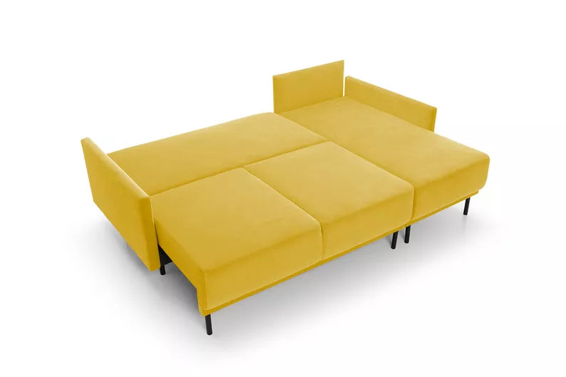 NOMIEL L-formas izvelkamais stūra dīvāns ar konteineru, universāls, ūdeni atgrūdošs medus samts - N1 Home