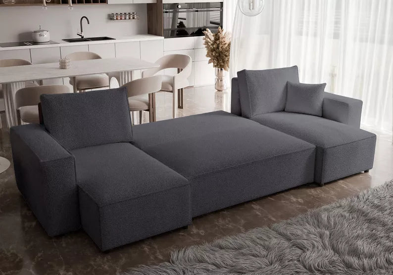 CARLO U-veida stūra dīvāns ar gulēšanas funkciju, ar konteineri, universāls, tumši pelēks bukle - N1 Home