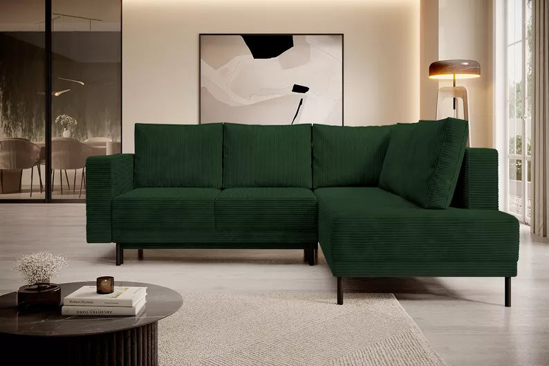 RIO Stūra dīvāns ar gulēšanas funkciju, ar konteineru, tumši zaļš velvets, kreisa/laba puse - N1 Home