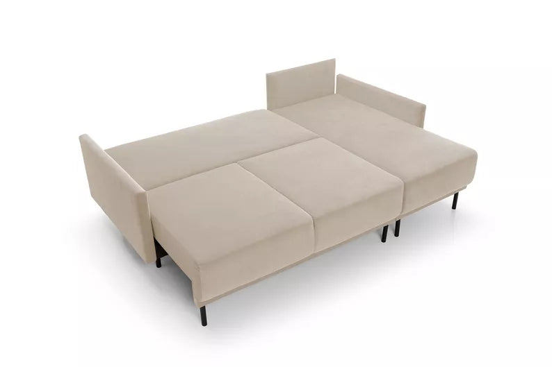 NOMIEL L-formas izvelkamais stūra dīvāns ar konteineru, universāls gaiši bēšs hidrofobs samts - N1 Home