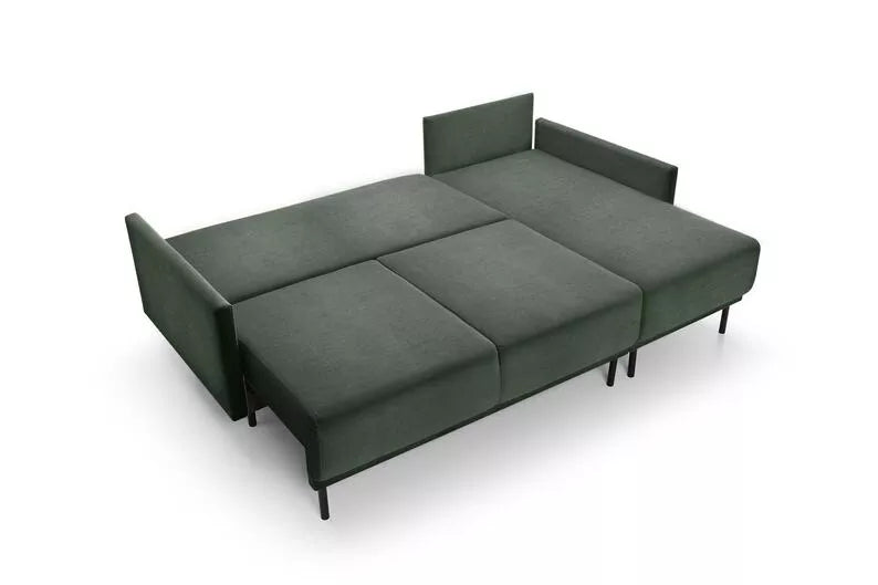 NOMIEL L-formas izvelkamais stūra dīvāns ar konteineru, zaļš hidrofoba audums - N1 Home