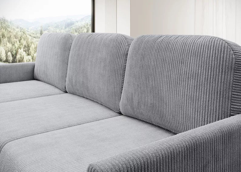 NOMIEL L-formas izvelkamais stūra dīvāns ar konteineru, universāls gaiši pelēks velvets - N1 Home