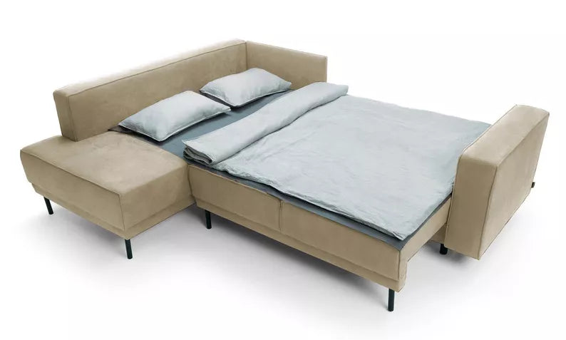 RIO Stūra dīvāns ar gulēšanas funkciju, ar konteineru, smilškrāsas samts, kreisa/laba puse - N1 Home