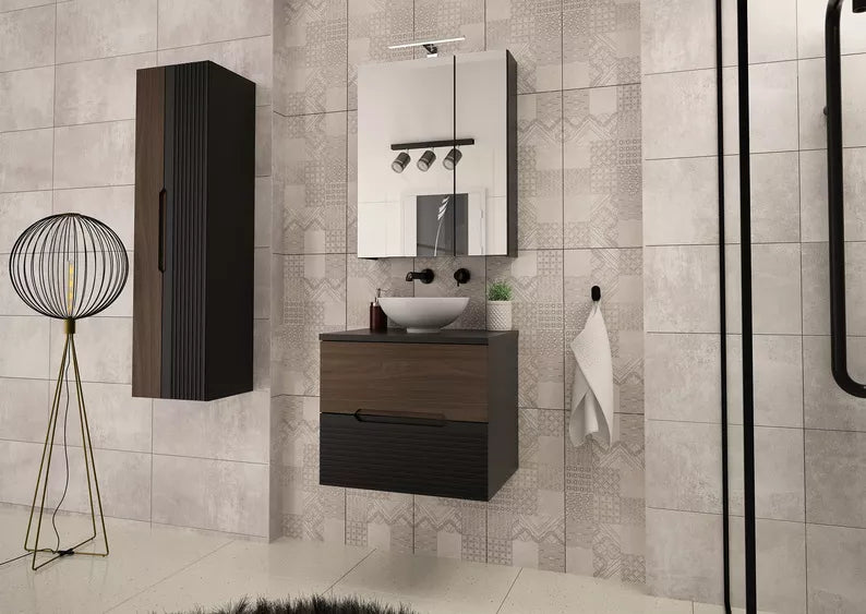 VELAV Izlietnes skapis, 80 cm, rievota priekšpuse, matēts melns/valrieksts - N1 Home