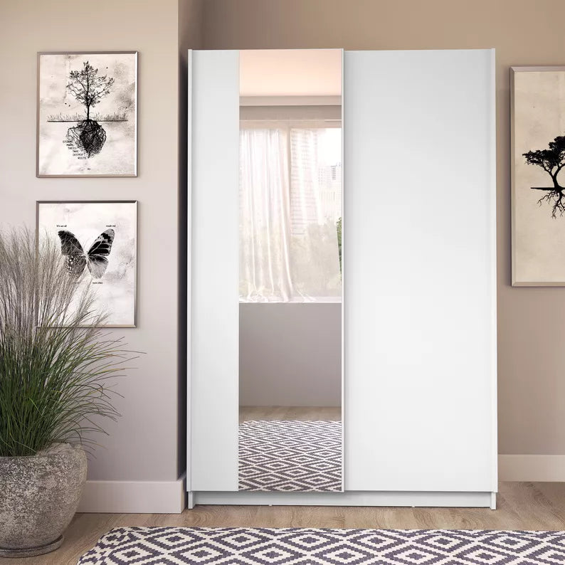 DIAFO Divdurvju bīdāmais skapis ar spoguli, 120 cm, balts - N1 Home