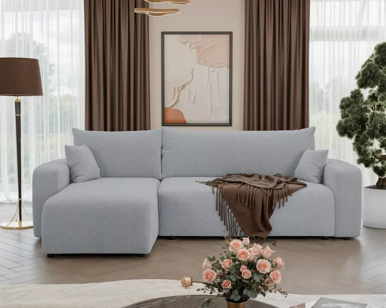 NONIPIA L-formas stūra dīvāns ar gulēšanas funkciju, ar konteineri, universāls, gaiši pelēks bukle - N1 Home