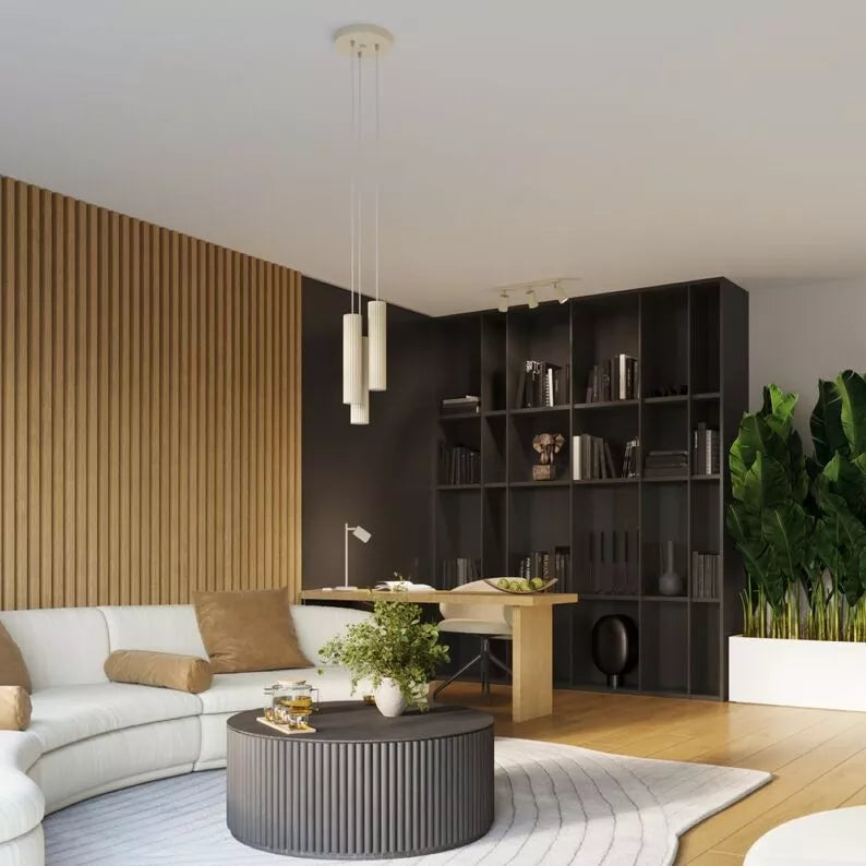 BONKAR x3 bēša piekaramā lampa uz apaļas griestu oderes - N1 Home