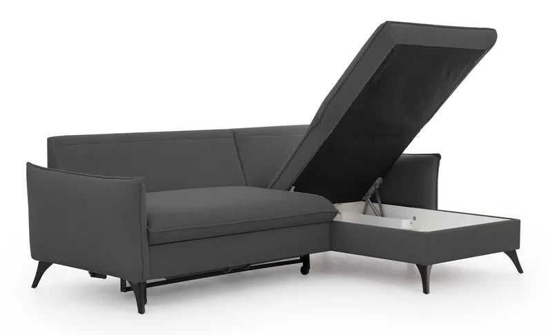 BIANOCA L-veida stūra dīvāns ar gulēšanas funkciju, ar konteineru, tumši pelēks, viegli tīrāms audums, kreisa/laba puse - N1 Home