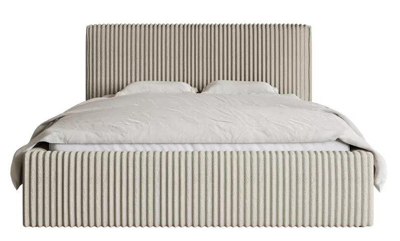 LIOTI Mīkstā gulta 140/160/180x200 cm  ar glabātuvi, metāla rāmis, gaiši bēšs biezs velvets - N1 Home