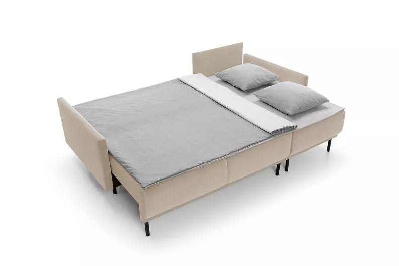 NOMIEL L-formas izvelkamais stūra dīvāns ar konteineru, universāls gaiši bēšs hidrofobs samts - N1 Home