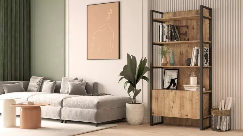 LOFE Grāmatu skapis 180 cm ar padziļinājumu, priede/melns - N1 Home